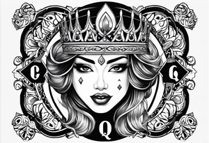 Latina Queen ahegao, drooling, happy, Spade Symbol with letter Q in the center of the spade framed, surrounded by whitespace tattoo idea