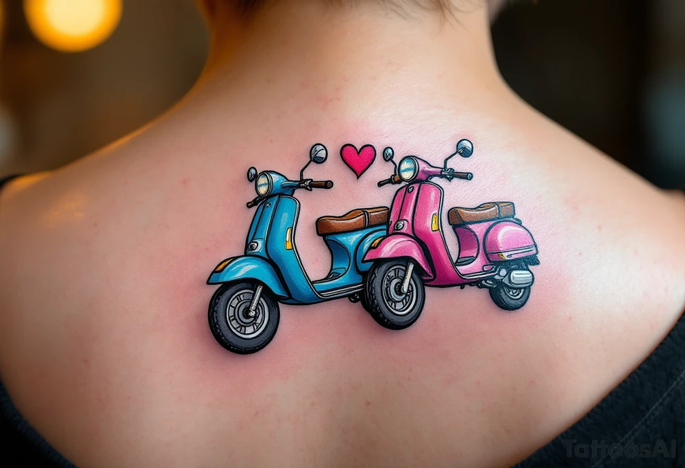 2 scooters, blue and pink, riding together in love tattoo idea