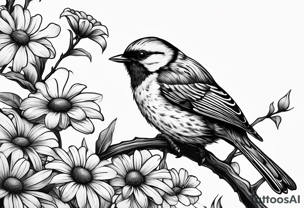Black and white little bird, sitting on a branch holding a daisy tattoo idea