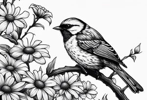 Black and white little bird, sitting on a branch holding a daisy tattoo idea