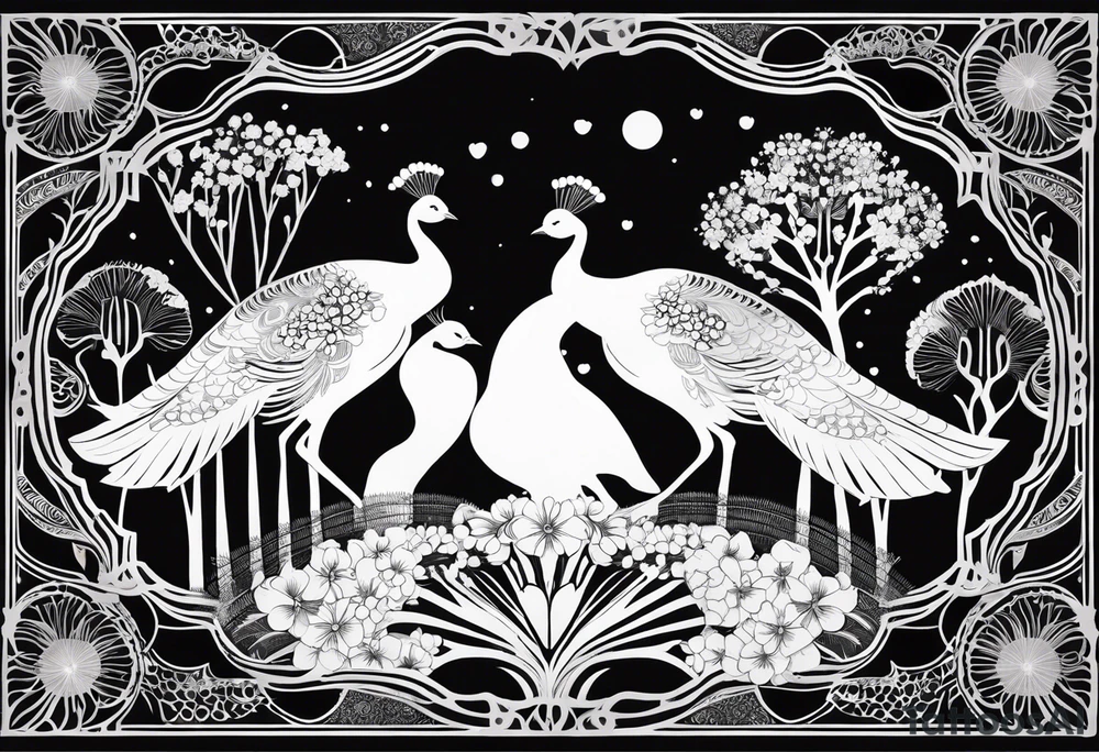 Black and white silhouette illustration of a twilight sakura garden with glowing peafowls. The peafowls are shown with their tails fanned out, featuring intricate mandala-style patterns within the feathers. The sakura blossoms are depicted as delicate, swirling shapes, creating a serene and symmetrical environment. The garden is framed by Art Nouveau-inspired curved lines and elegant scrollwork, leading into concentric circles made of stylized cherry blossoms and vines. The overall composition has a magical, ethereal quality, with the glowing feathers and intricate details adding depth and harmony to the peaceful, floral sanctuary. tattoo idea
