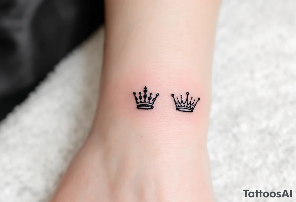 Tiny finger tattoos with black ink crown icons—spiky for king, rounded for queen. tattoo idea