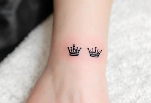 Tiny finger tattoos with black ink crown icons—spiky for king, rounded for queen. tattoo idea
