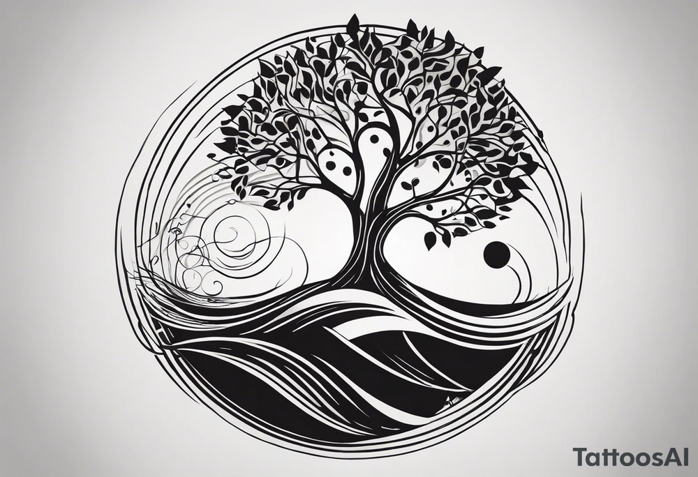A tattoo design that incorporates the following elements: an abstract tree of life that has roots emerging  from the ground. Waves of water encapsulate the tree and wind around it in an organic way.  Incorporate music.   the letters U and A are overlapping and engraved into the tree. a golf ball incorporated but not prominent. tattoo idea