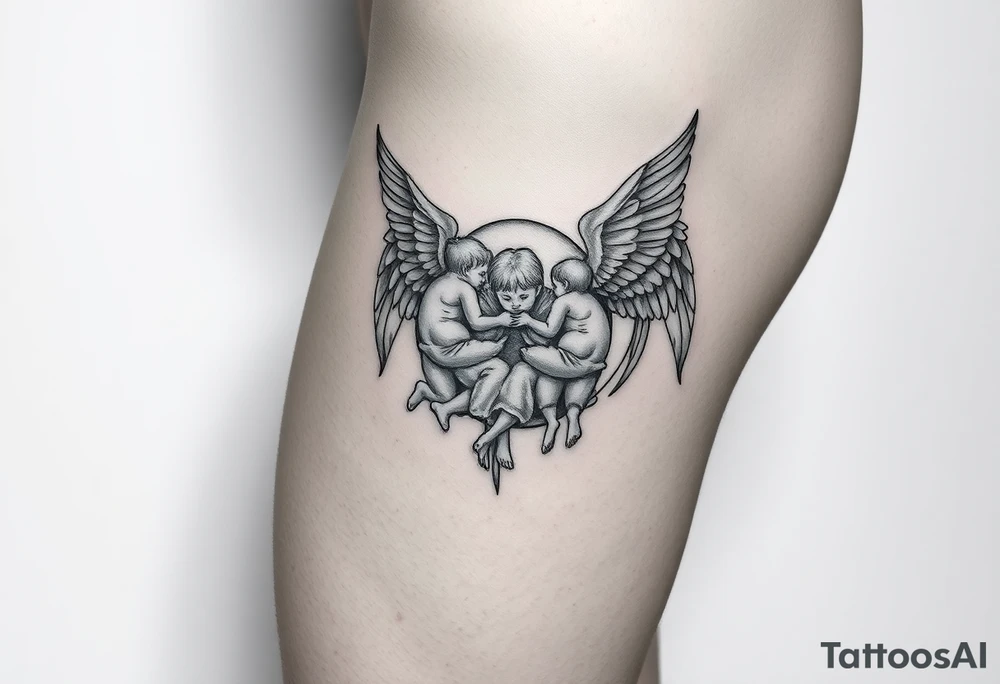Tatoo down side to thigh, something with angels and kids tattoo idea