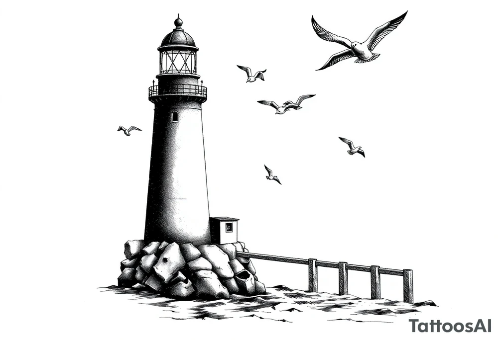 Lighthouse in the sea with jetty around flying seagulls tattoo idea