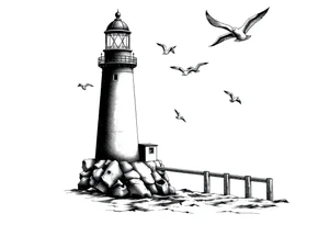 Lighthouse in the sea with jetty around flying seagulls tattoo idea