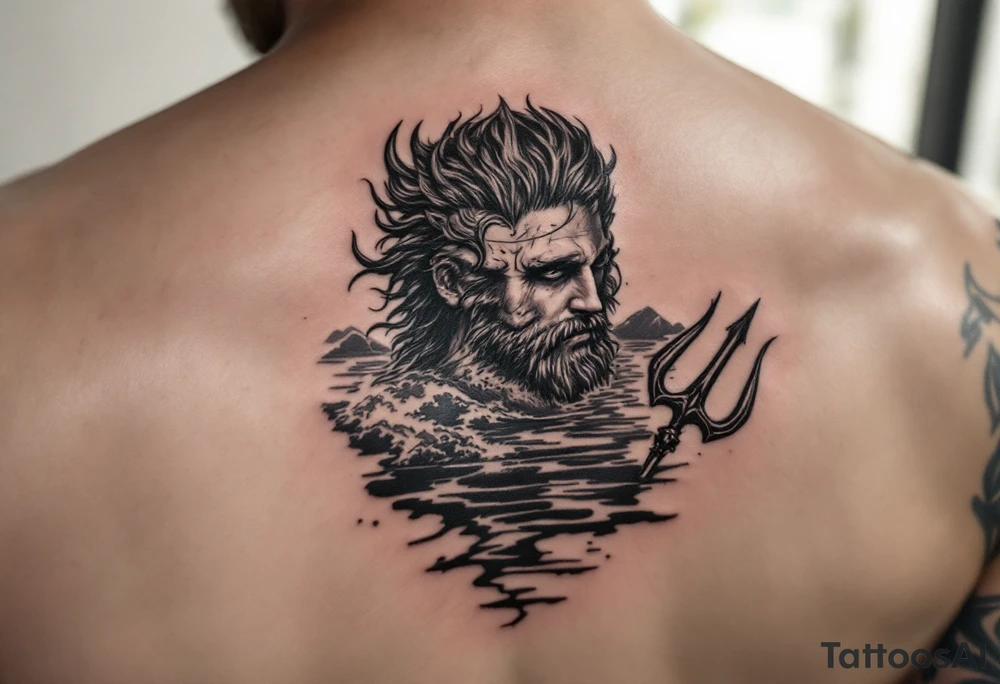 fit poseidon, with trident, in calm water, looking at the horizon tattoo idea