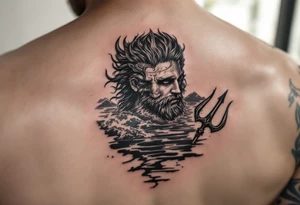 fit poseidon, with trident, in calm water, looking at the horizon tattoo idea