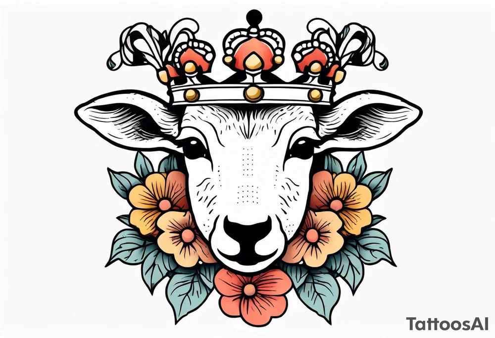 old school vintage traditional style design of lamb with crown on head and vintage flowers surrounding it tattoo idea