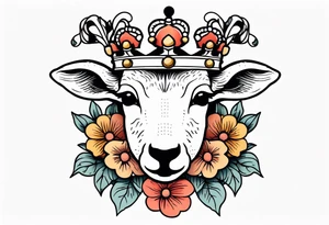 old school vintage traditional style design of lamb with crown on head and vintage flowers surrounding it tattoo idea