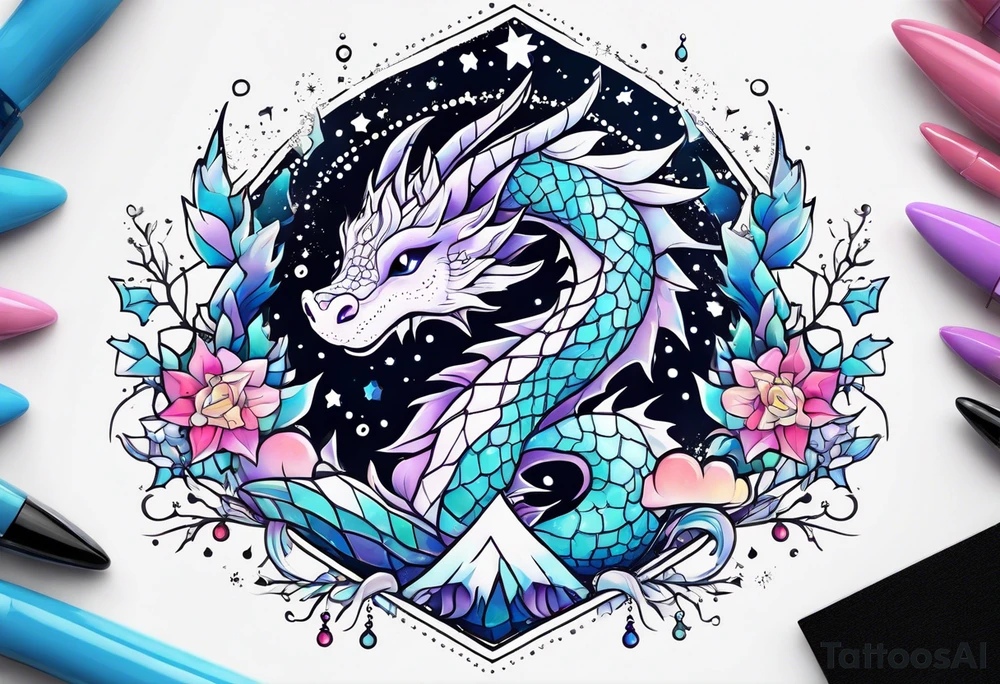 Constellation, kawaii dragon, snowflake tattoo idea