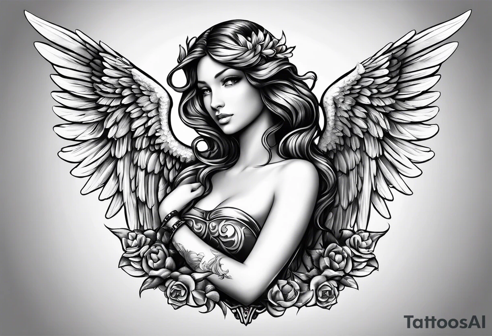 angel with name tag which says Dennet tattoo idea