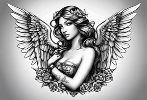 angel with name tag which says Dennet tattoo idea