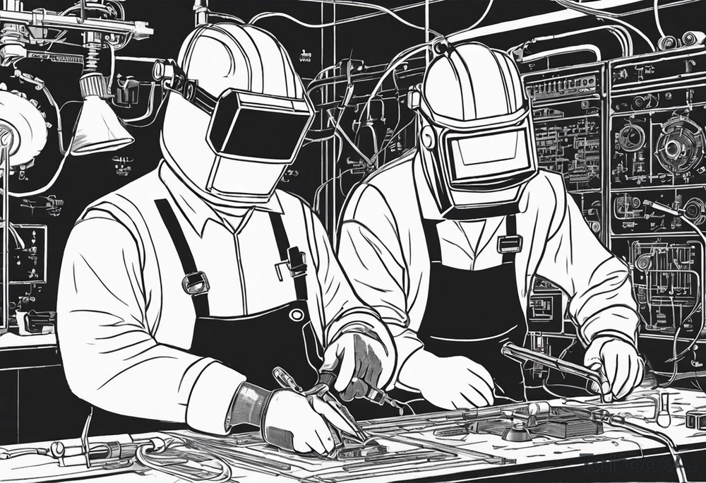 Two 60-year-old characters working together on creating a mechanism made of iron and electronic circuits. The first character is a welder, dressed in a welding suit and mask. The second character is a fitter, wearing a shirt with sleeves rolled up to the forearms and a tool belt. The mechanism they are working on should be in the center of the drawing, with the characters positioned on either side of the mechanism. The sketch should convey a sense of teamwork and craftsmanship tattoo idea