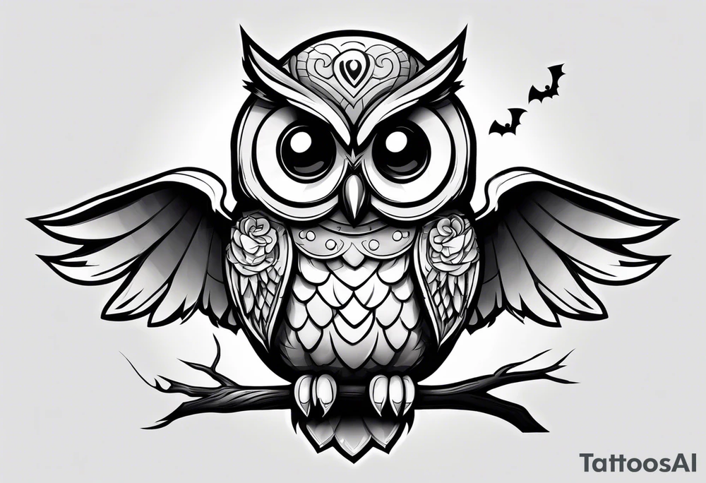 cartoon owl dressed up in a ghost halloween costume tattoo idea