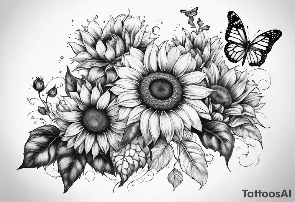 Leg sleeve with sunflowers and butterflies tattoo idea