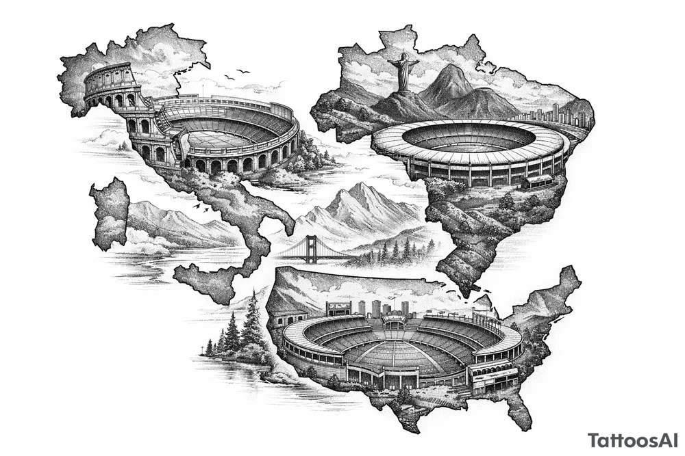 Surreal fine line landscape merging football stadiums with country outlines tattoo idea