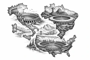 Surreal fine line landscape merging football stadiums with country outlines tattoo idea