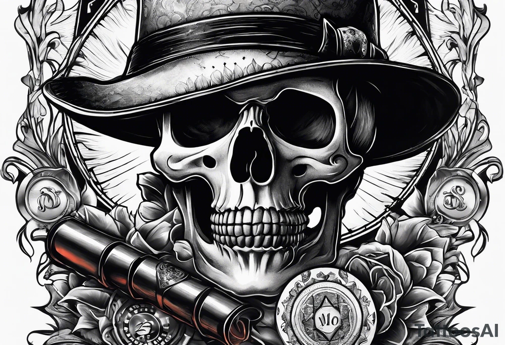 skeleton smoking cigar with poker chips tattoo idea