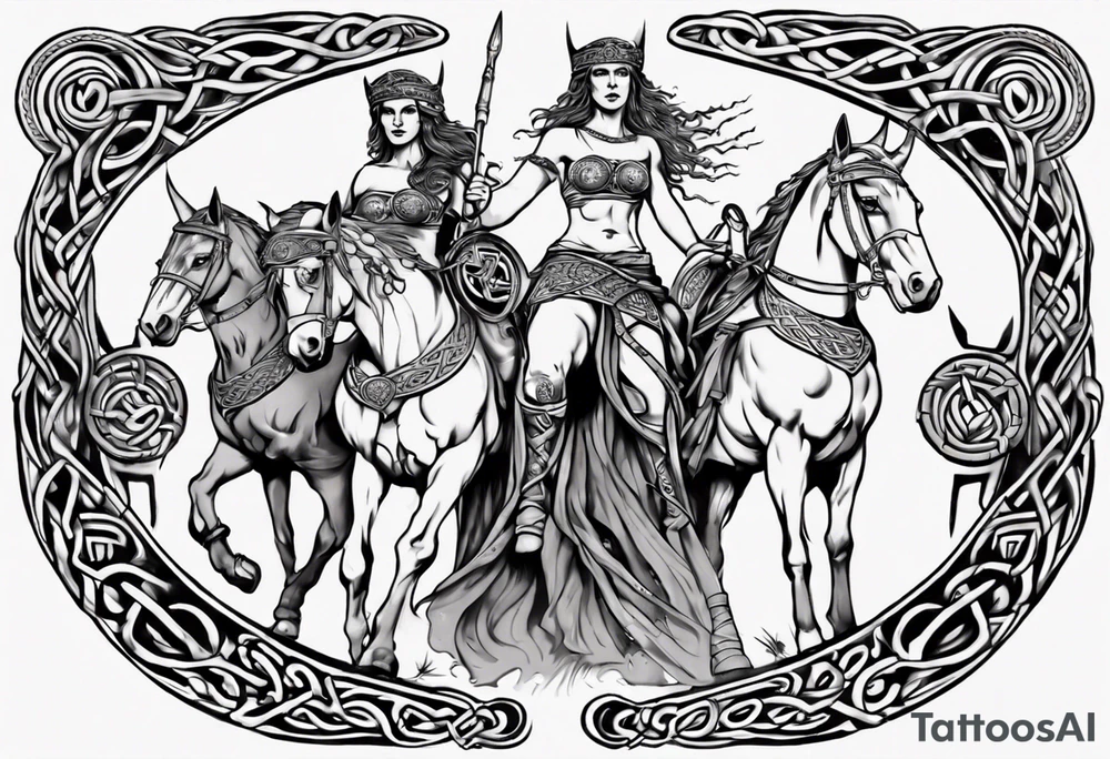 Celtic style Boudica in front on chariot with two daughters tattoo idea