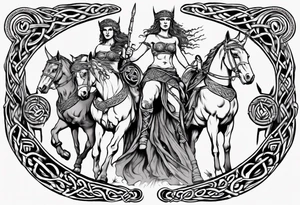 Celtic style Boudica in front on chariot with two daughters tattoo idea