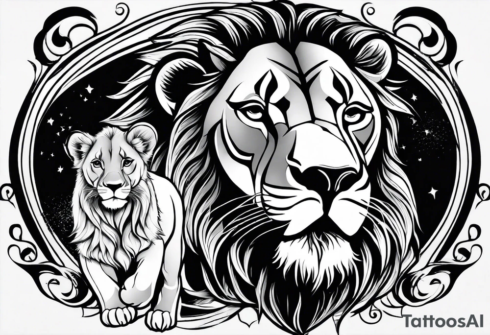 black and white tattoo featuring a lion, lioness, and lion cub. The lion faces upward towards the sky, looking in the opposite direction of the lioness. The lion cub is positioned below them, looking up.   Inspired by the lion king tattoo idea