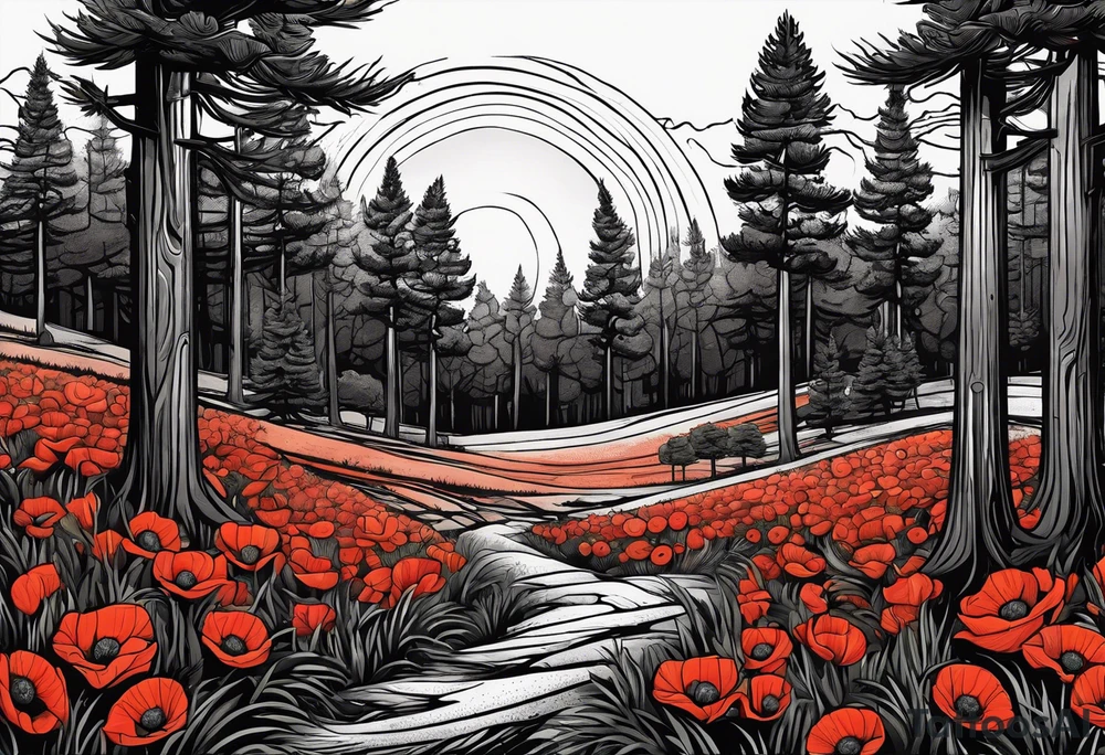 Forest of pine trees with a single stump in the foreground showing its rings and next to it a single poppy growing out of the ground tattoo idea