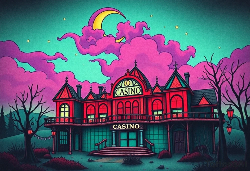Tim Burton’s haunted casino is abandoned and dripping with muted reds, dusty pinks, and eerie green glow.purple and cyan smokey clouds swirl in the crescent moonlit sky thats sprinkled with stars tattoo idea tattoo idea