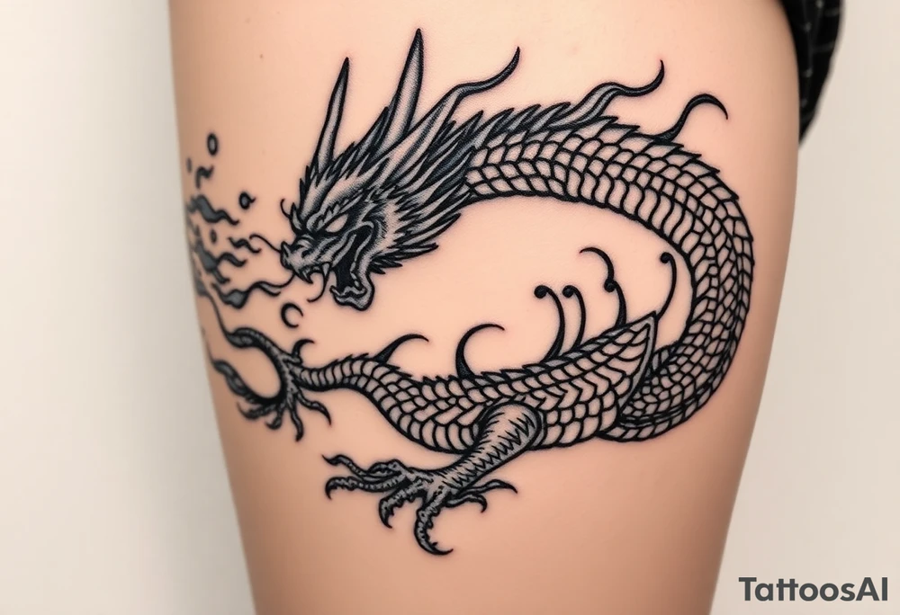 fierce dragon breathing iridescent fire against stormy skies tattoo idea