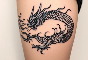 fierce dragon breathing iridescent fire against stormy skies tattoo idea