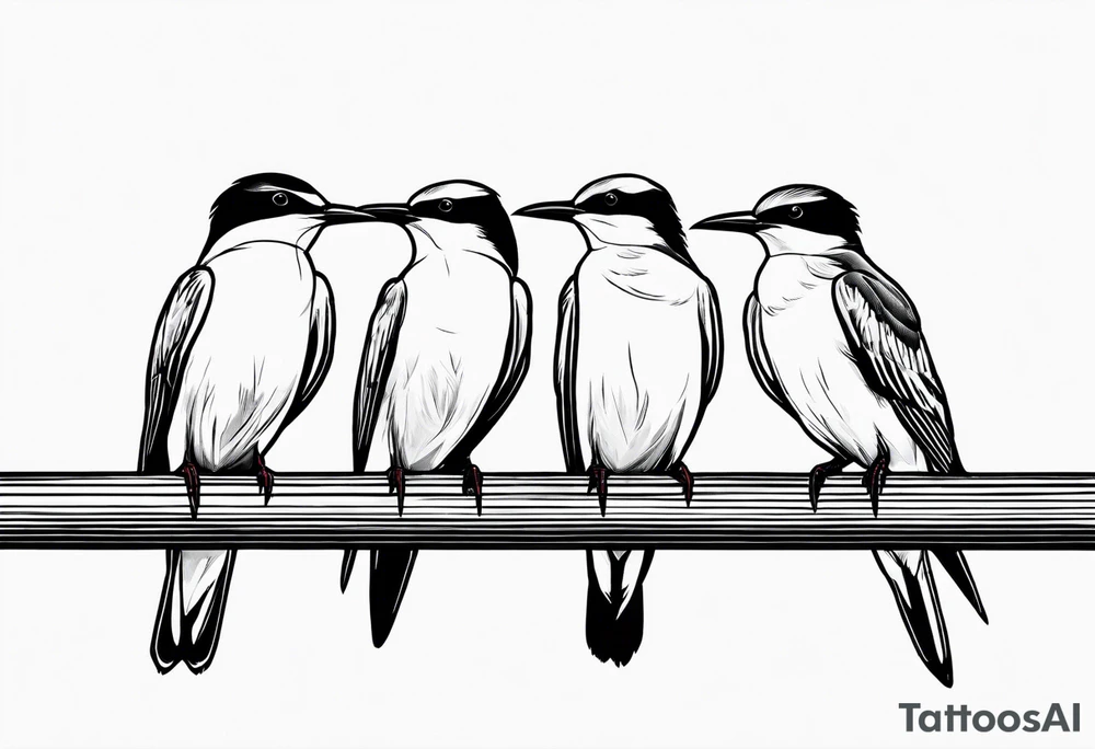 Three Arctic tern Silhouettes on a single power Line. Two are sitting, one is about to fly tattoo idea