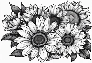 open book with daisies and a sunflower tattoo idea