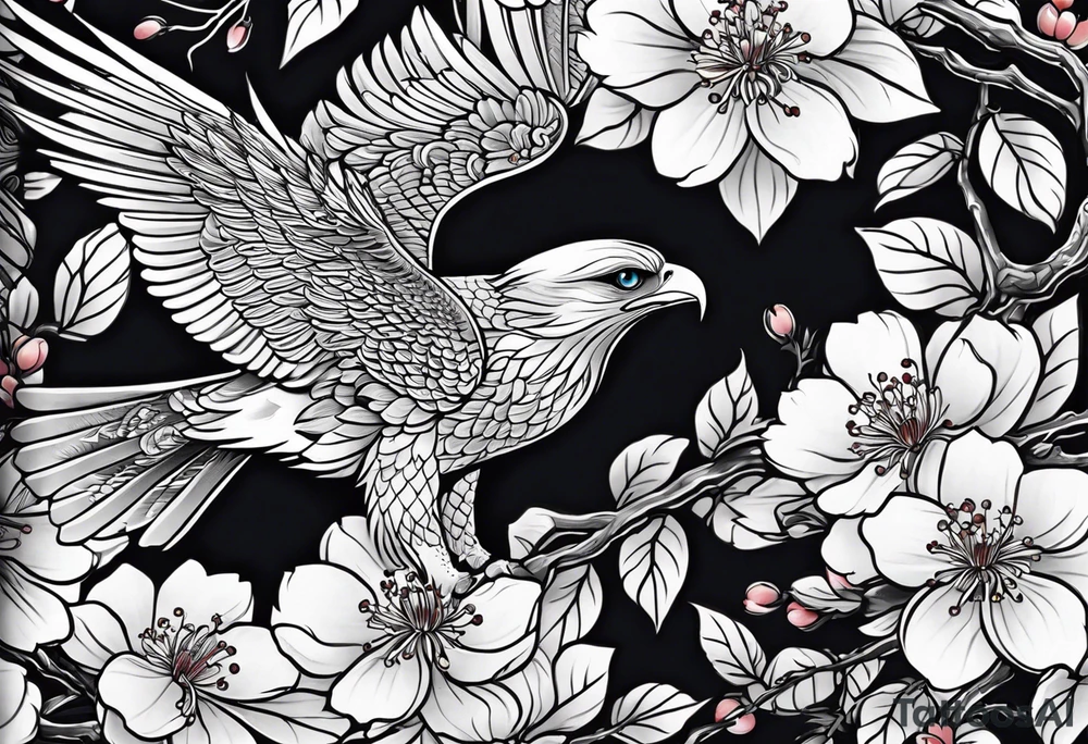 traditional horimono tattoo. 
leg sleeve with the following elements: hawk and cherry blossoms tattoo idea