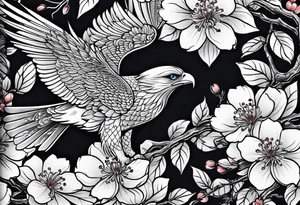 traditional horimono tattoo. 
leg sleeve with the following elements: hawk and cherry blossoms tattoo idea