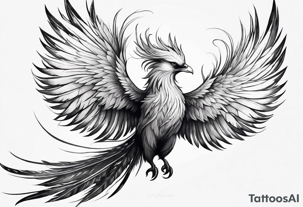 minimalist pheonix with long tail curling and feathers coming off tail tattoo idea
