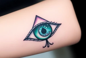 Large outline of an almond shaped eye with an ace of spades for the eyeball colored greenish blue with a crescent moon stars and clouds inside vivid colors blue green purple tattoo idea
