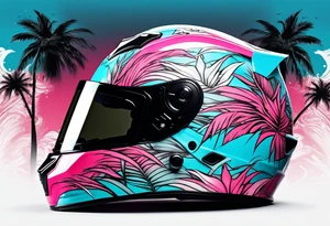 Formula 1 helment with a palm tree and black pink and light blue color tattoo idea