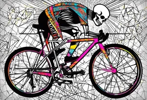 Skeleton rides a 21 speed racing bicycle with drop nars. The skeleton wears a 1980s style kit. There is no background image tattoo idea