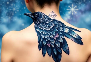 Raven with starry sky background with zodiac constellations in it with runes in sky tattoo idea