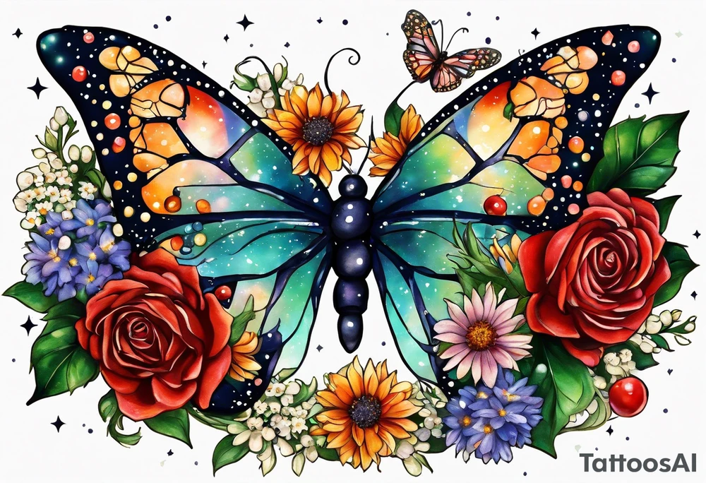 please make a Gemini constellation made of roses, Sagittarius constellation made from Chrysanthemum flowers, Virgo constellation made of Aster flowers, Taurus constellation made from Lily of the Valley flowers all tied together in an arm sleeve tattoo with 4 realistic lady bugs scattered throughout, one realistic butterfly, one realistic cassette tape with the following written on it for song list: #1 "you are my sunshine-3:15"
#2 "3 little birds-12:14"
#3 "twinkle twinkle little star-6:25"
#4 "ABC's-12:00"
Also include a polaroid picture of a realistic view of "the tree of life" symbol with the following coordinates written on the bottom:
61.2547° N, 149.6932° W
61.2547° N, 149.6932° W
43.6355° N, 84.2608° W
42.278046°N, -83.738220W

Also include a realistic skull tied in to the flowers and back ground tattoo idea