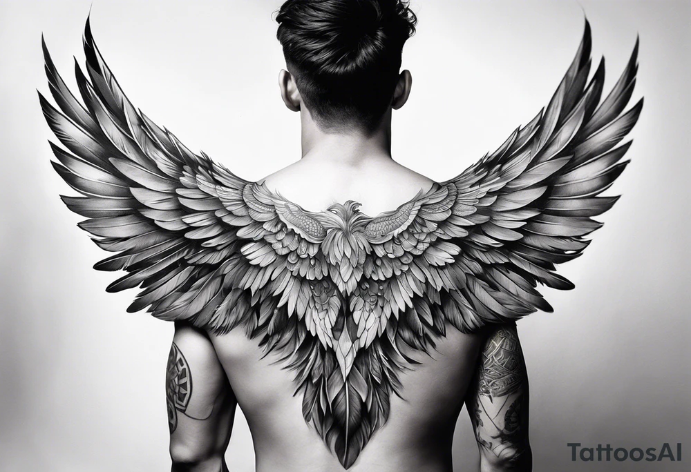 wings extending from a mens shoulders, covering the upper arms and upper back. The feathers are intricately detailed, with soft shading in black and gray to create depth and texture. The wings gently converge in the middle of the back, forming a harmonious and cohesive design. tattoo idea