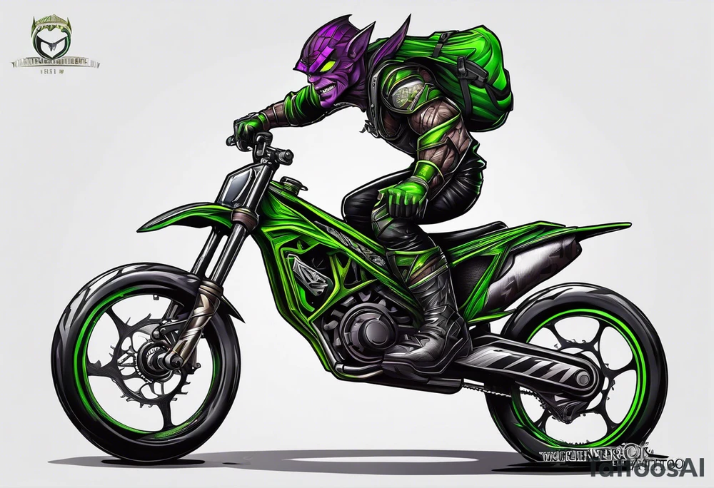 Green goblin riding a full suspension carbon fiber mountain bike tattoo idea