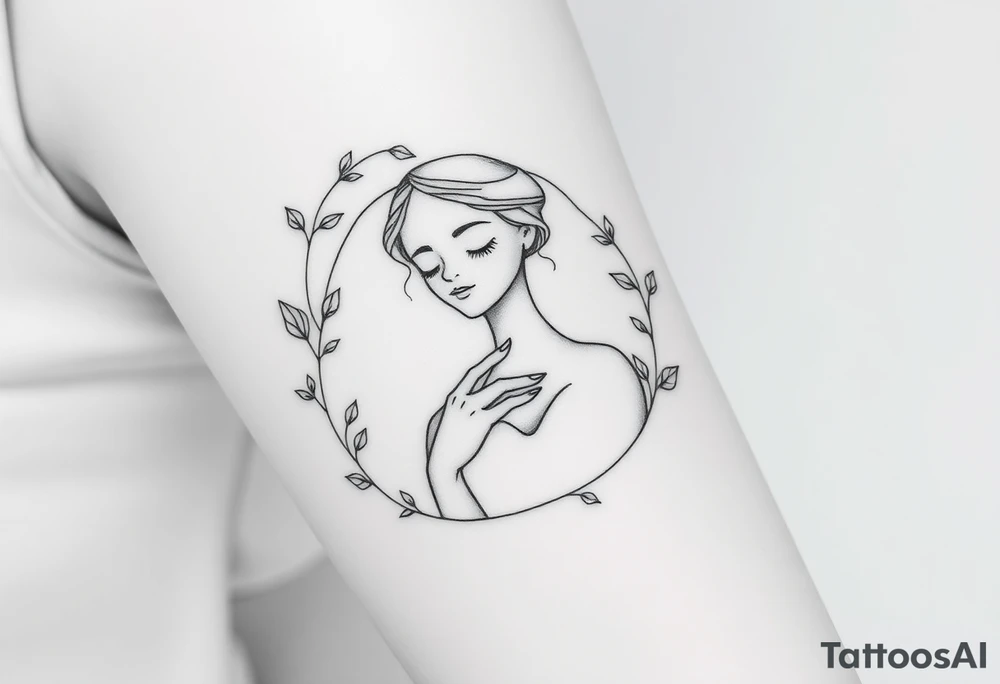 Fine line black and gray tattoo of a feminine figure symbolizing self-love and inner peace. The figure should be partially framed by delicate vines with soft, detailed leaves wrapping gently around her, representing growth and self-care. Her pose should be calm and confident, one hand touching her chest or necklace softly, expressing tenderness and connection with herself. Keep the composition poetic, balanced, and elegant, with refined linework and a serene, expressive face. Avoid cartoonish or overly realistic features — make it minimalist but soulful, almost like a modern illustration. The vines and frame should feel organic and flowing, not geometric. tattoo idea