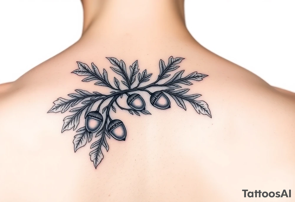 oak branch with thick leaves and acorns tattoo idea