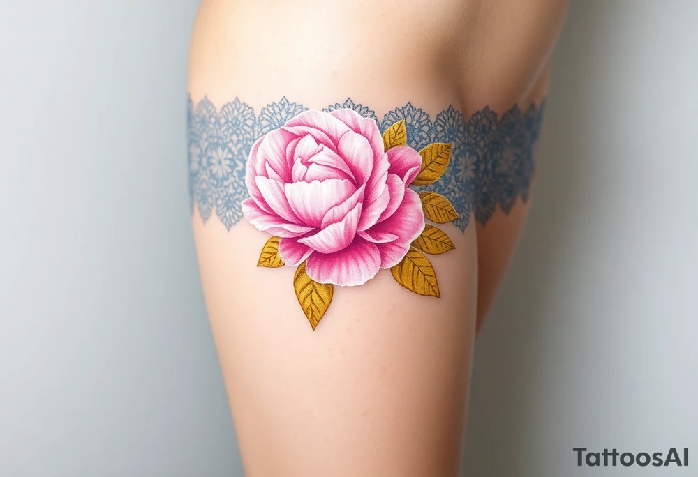 A soft peony lace garter tattoo with pastel pink petals with golden leaves tattoo idea