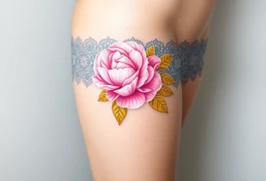 A soft peony lace garter tattoo with pastel pink petals with golden leaves tattoo idea