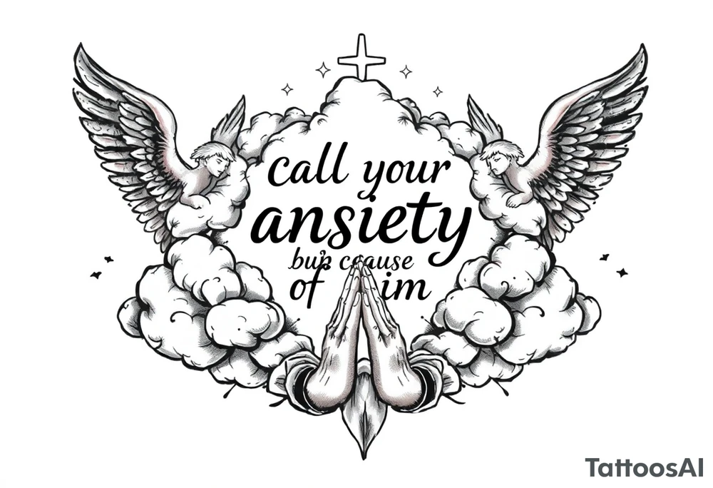 cast all your anxiety on him because he cares for you"  surrounded with clouds and angels and praying hands tattoo idea