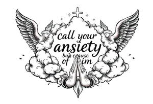 cast all your anxiety on him because he cares for you"  surrounded with clouds and angels and praying hands tattoo idea