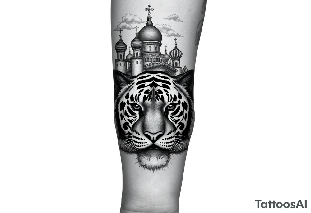 Realistic tiger face on the back of the hand with strong contrast and fine detail with all black eyes. then a highly detailed Russian Orthodox cathedral sitting above on the top fore arm with onion domes and orthodox crosses, done in fine line, engraving-like style. Cohesive composition, black ink only, no color, high contrast, slightly aged, documentary-style, plain light background. with clouds above and a virgin mary tattoo idea